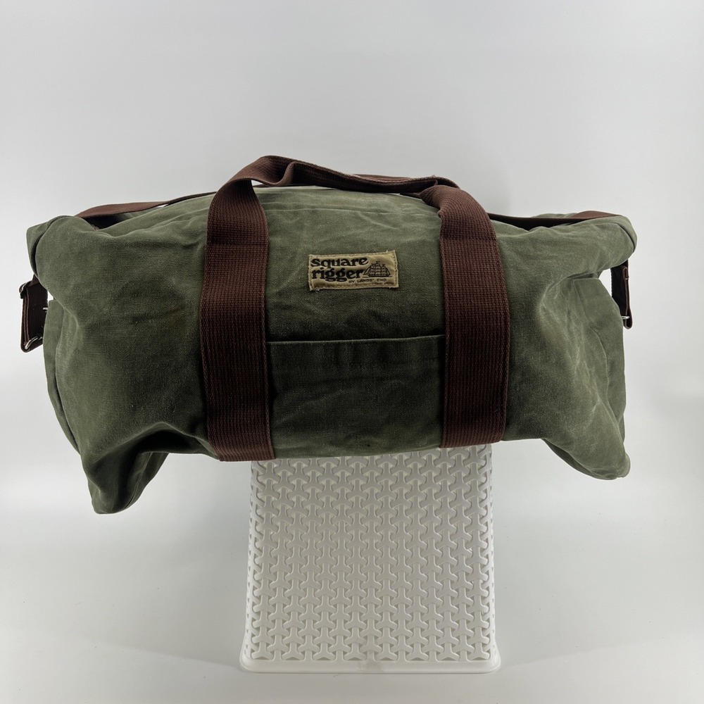 Vintage Lands End Square Rigger Canvas Green Duffel Bag Strap HUGE